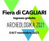 immagine a sfondo bianco con triangoli rosso, arancione e verde e scritte descrittive dell'evento Archeologika, che si terrà alla Fiera di Cagliari il 5-6-7 novembre 2021